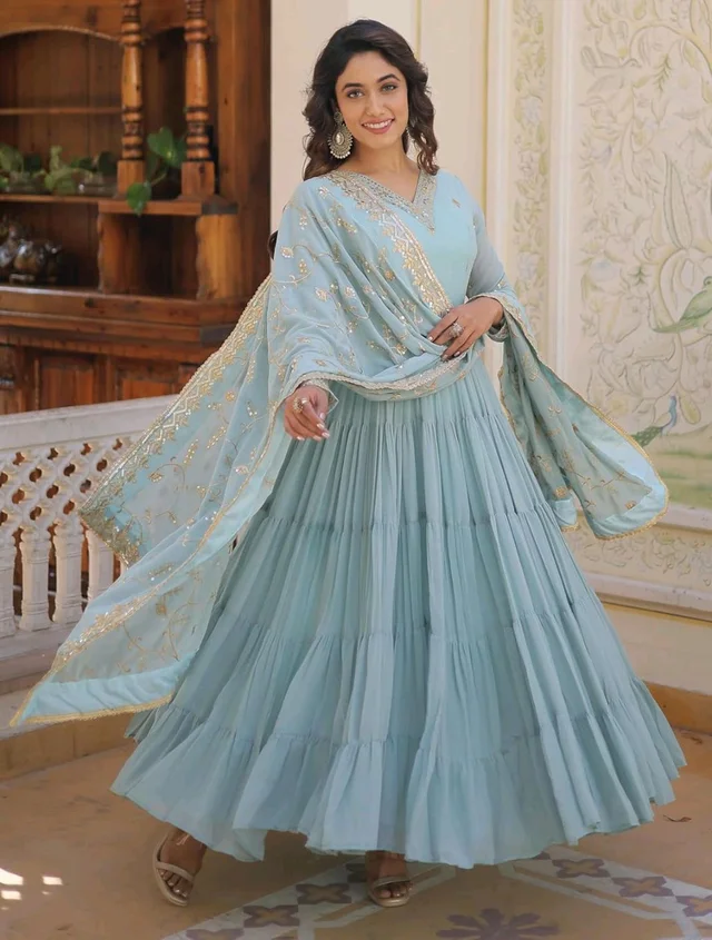Women's Georgette Anarkali kurta set & Duptta For Women - Jungle Mist, M