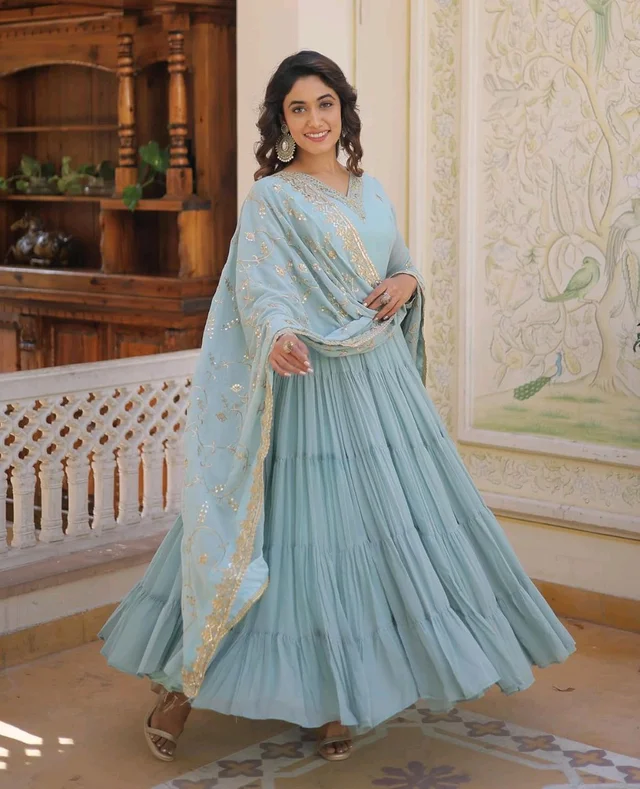 Women's Georgette Anarkali kurta set & Duptta For Women - Jungle Mist, M