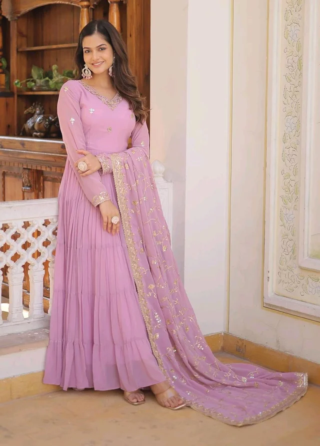 Women's Georgette Anarkali kurta set & Duptta For Women - Shocking, M