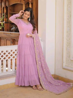 Women's Georgette Anarkali kurta set & Duptta For Women - Shocking, M