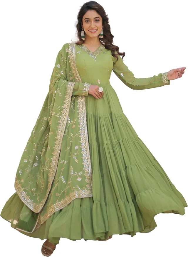 Women's Georgette Anarkali kurta set & Duptta For Women - Green Smoke, S