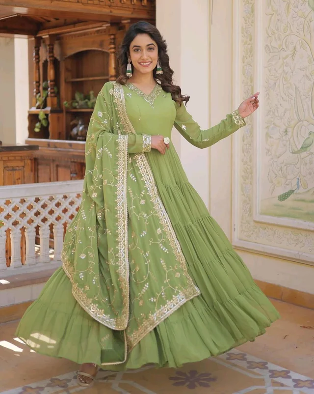 Women's Georgette Anarkali kurta set & Duptta For Women - Green Smoke, S