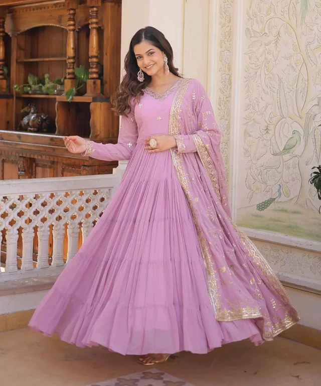 Women's Georgette Anarkali kurta set & Duptta For Women - Shocking, S