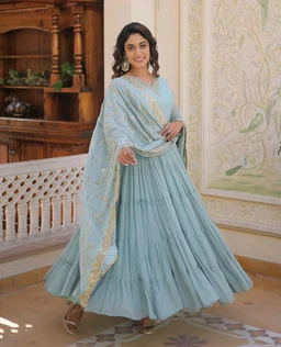 Women's Georgette Anarkali kurta set & Duptta For Women - Jungle Mist, XL