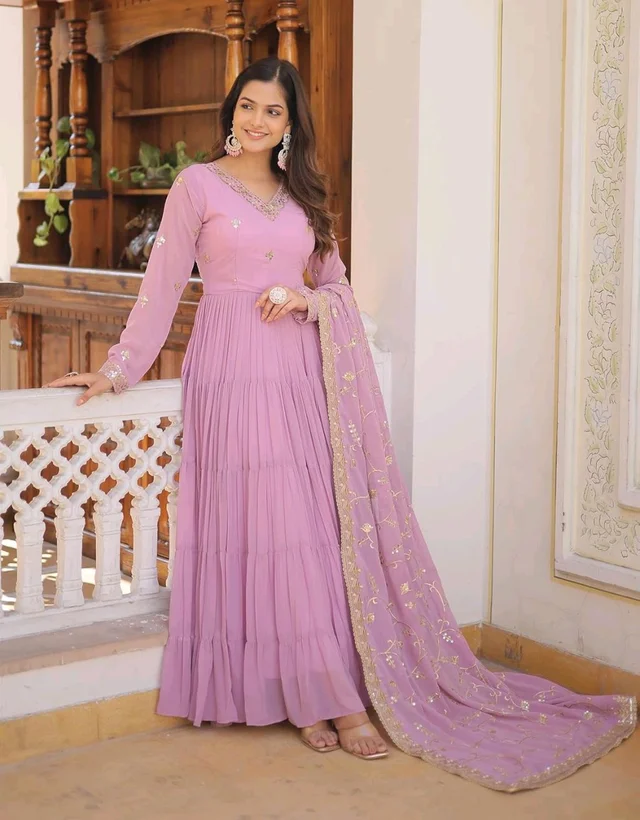 Women's Georgette Anarkali kurta set & Duptta For Women - Shocking, XL
