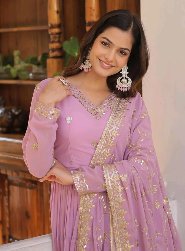 Women's Georgette Anarkali kurta set & Duptta For Women - Shocking, XL