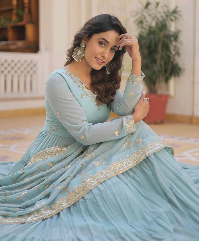 Women's Georgette Anarkali kurta set & Duptta For Women - Jungle Mist, XXL