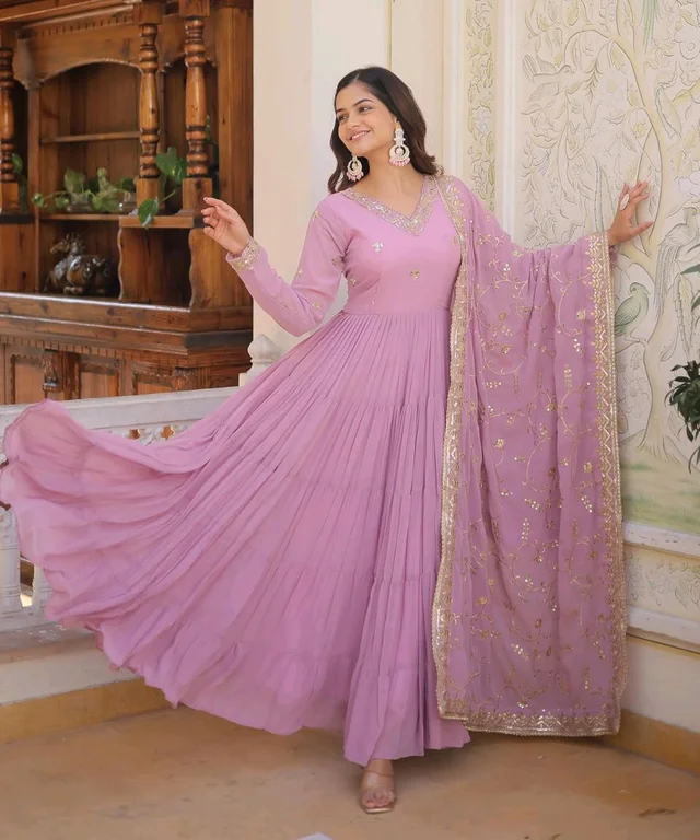 Women's Georgette Anarkali kurta set & Duptta For Women - Shocking, XXL