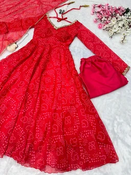 Elegant Georgette Anarkali Set - L, Red Ribbon