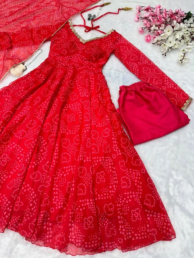 Elegant Georgette Anarkali Set - L, Red Ribbon
