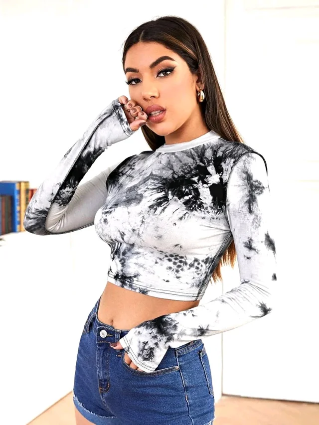 Western Stylish Crop Tie and Dye Top for Jeans Skirt Women/Girls Tops - Black, S