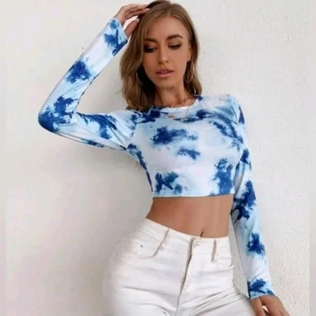 Western Stylish Crop Tie and Dye Top for Jeans Skirt Women/Girls Tops - Chambray, XL