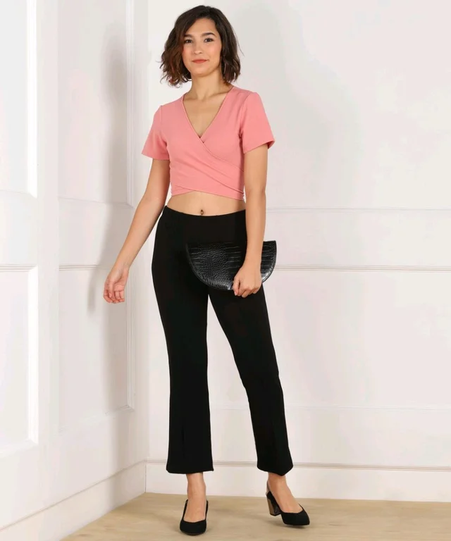 Casual Regular Sleeves Solid Women Black Top - Rose pink, L