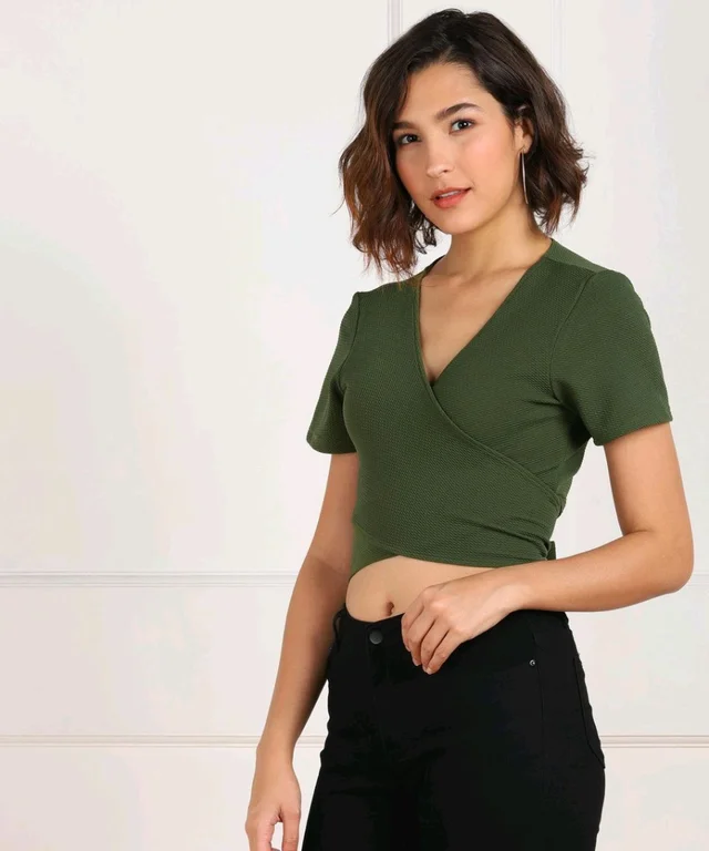 Casual Regular Sleeves Solid Women Black Top - Green, L