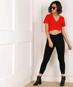 Casual Regular Sleeves Solid Women Black Top - Red, M