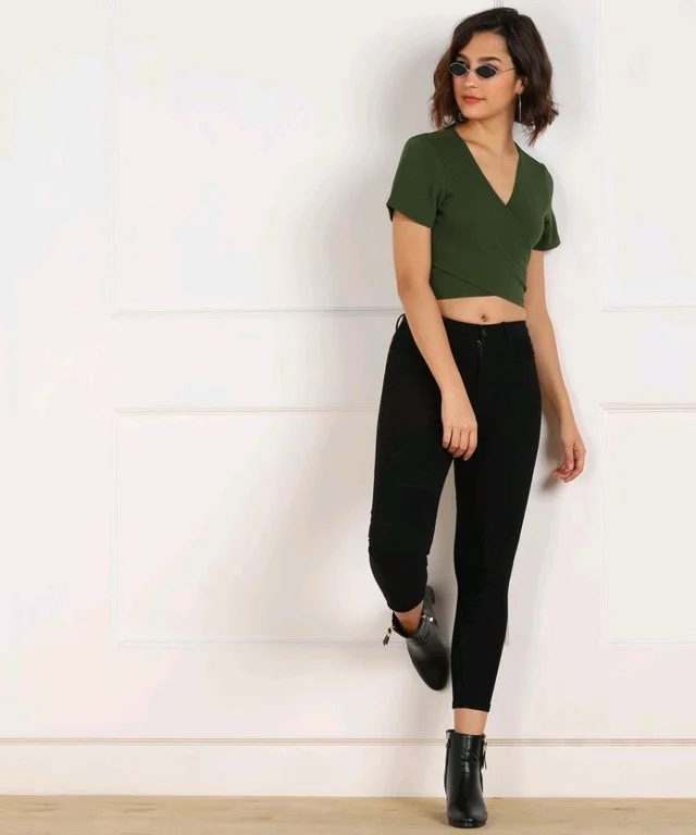Casual Regular Sleeves Solid Women Black Top - Green, XL