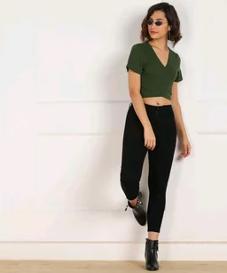 Casual Regular Sleeves Solid Women Black Top - Green, XS