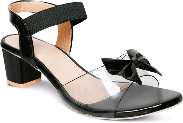 Trendz Walk Fancy & Stylish Transparent Block Heel Sandal Upper Bow Design 2 inch Heel Snadal - Black, 3