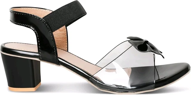 Trendz Walk Fancy & Stylish Transparent Block Heel Sandal Upper Bow Design 2 inch Heel Snadal - Black, 3