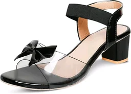 Trendz Walk Fancy & Stylish Transparent Block Heel Sandal Upper Bow Design 2 inch Heel Snadal - Black, 3