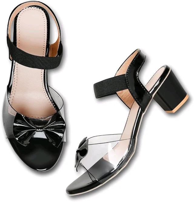 Trendz Walk Fancy & Stylish Transparent Block Heel Sandal Upper Bow Design 2 inch Heel Snadal - Black, 3