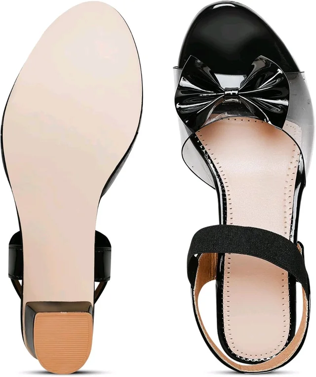 Trendz Walk Fancy & Stylish Transparent Block Heel Sandal Upper Bow Design 2 inch Heel Snadal - Black, 3