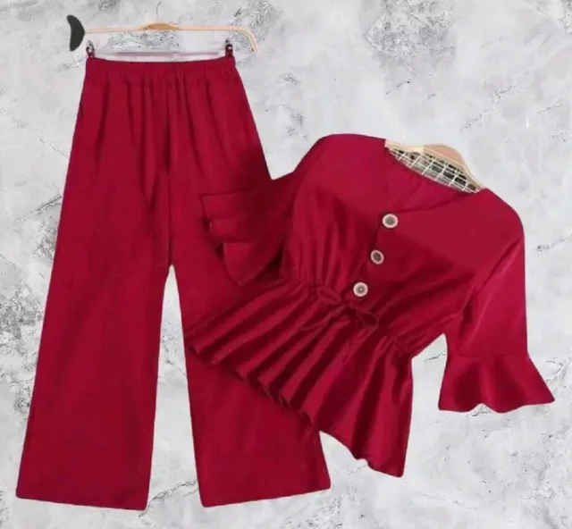 Women Crepe Crop Top Palazzo Set - maroon, L
