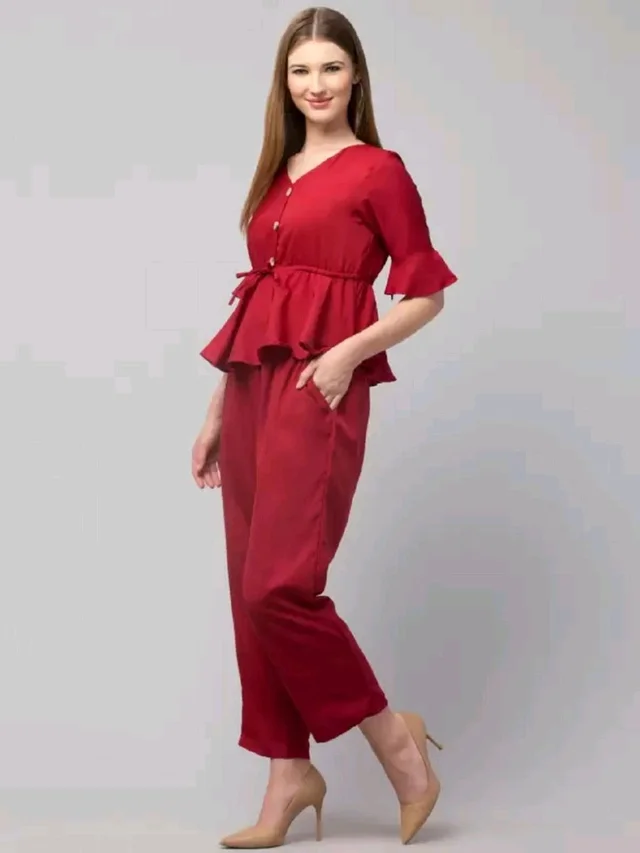 Women Crepe Crop Top Palazzo Set - maroon, L