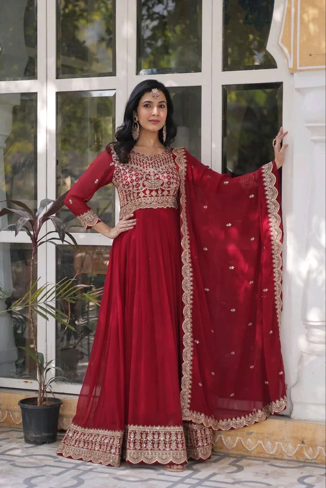 Ruby Red Color Faux Blooming Embroidered Gown - Merlot, L