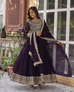 Ruby Red Color Faux Blooming Embroidered Gown - Voodoo, L
