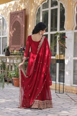 Ruby Red Color Faux Blooming Embroidered Gown - Merlot, XL