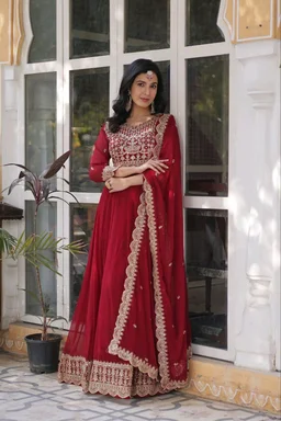 Ruby Red Color Faux Blooming Embroidered Gown - Merlot, XL