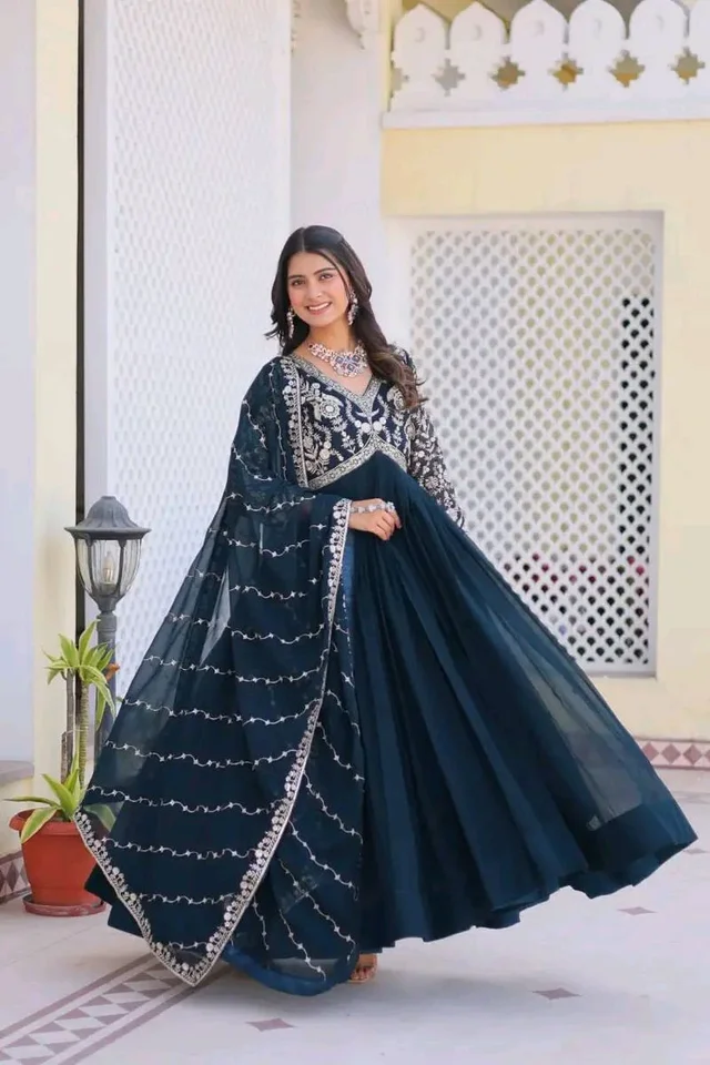 Dazzling Fox Georgette Gown with Heavy Sequence Embroidery & Matching Dupatta – Fully Stitched| My Handicraft India - Firefly, L