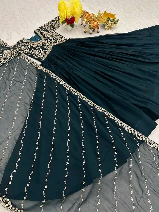Dazzling Fox Georgette Gown with Heavy Sequence Embroidery & Matching Dupatta – Fully Stitched| My Handicraft India - Firefly, L