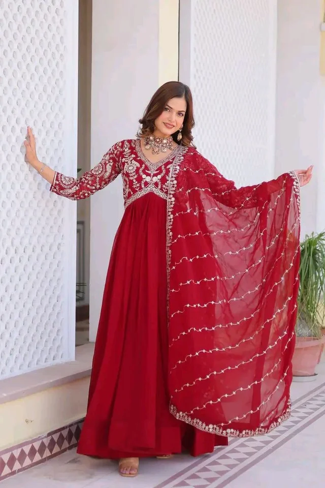 Dazzling Fox Georgette Gown with Heavy Sequence Embroidery & Matching Dupatta – Fully Stitched| My Handicraft India - Shiraz, L