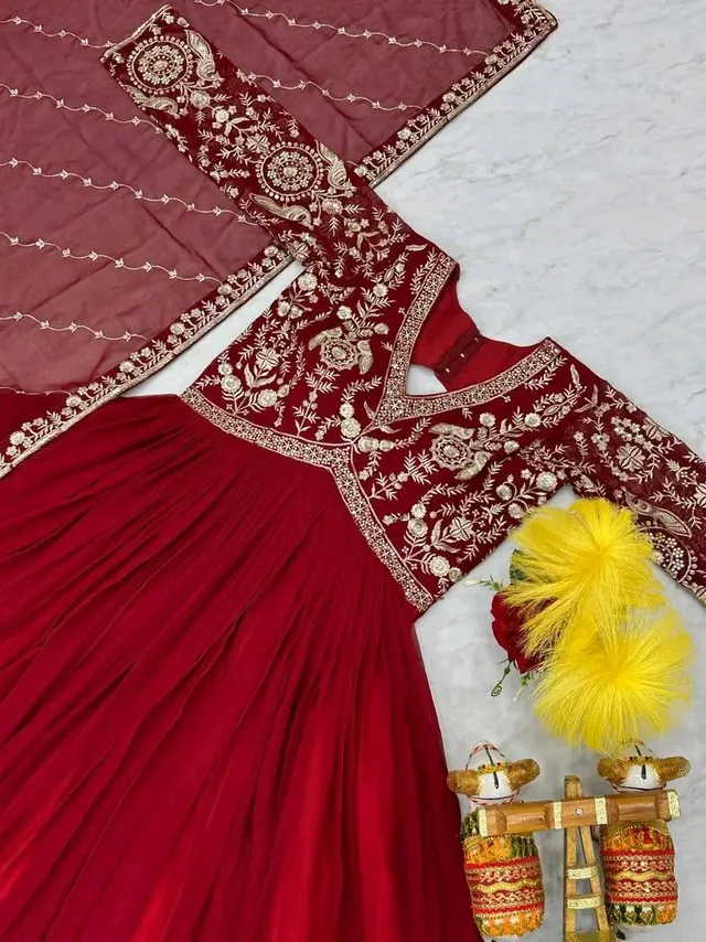 Dazzling Fox Georgette Gown with Heavy Sequence Embroidery & Matching Dupatta – Fully Stitched| My Handicraft India - Shiraz, L