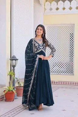 Dazzling Fox Georgette Gown with Heavy Sequence Embroidery & Matching Dupatta – Fully Stitched| My Handicraft India - Firefly, M