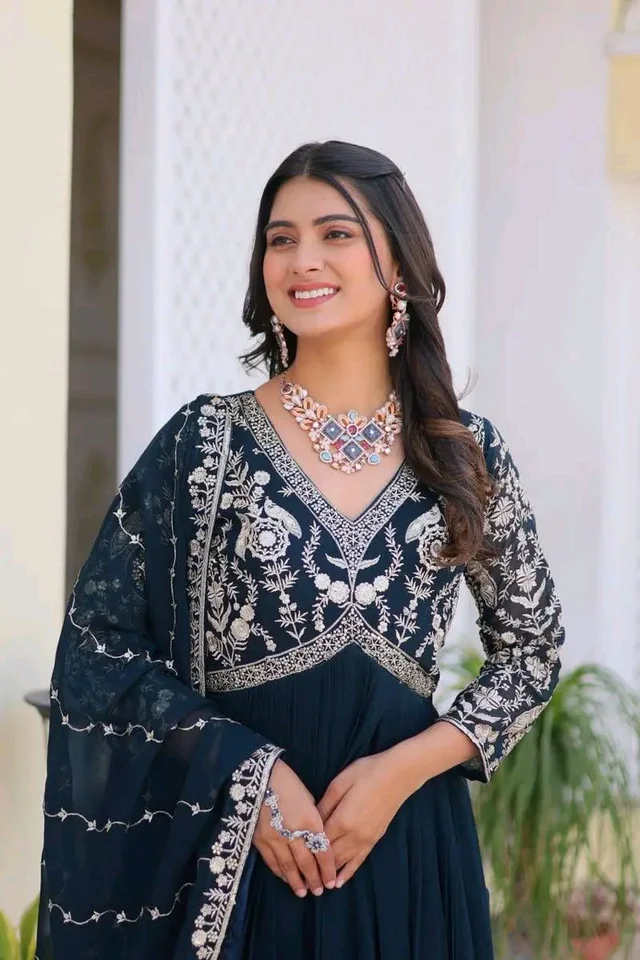Dazzling Fox Georgette Gown with Heavy Sequence Embroidery & Matching Dupatta – Fully Stitched| My Handicraft India - Firefly, M