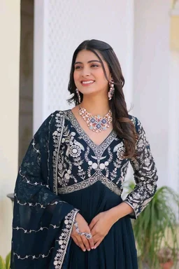 Dazzling Fox Georgette Gown with Heavy Sequence Embroidery & Matching Dupatta – Fully Stitched| My Handicraft India - Firefly, XXL