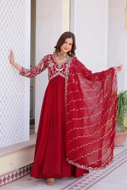 Dazzling Fox Georgette Gown with Heavy Sequence Embroidery & Matching Dupatta – Fully Stitched| My Handicraft India - Shiraz, XXL