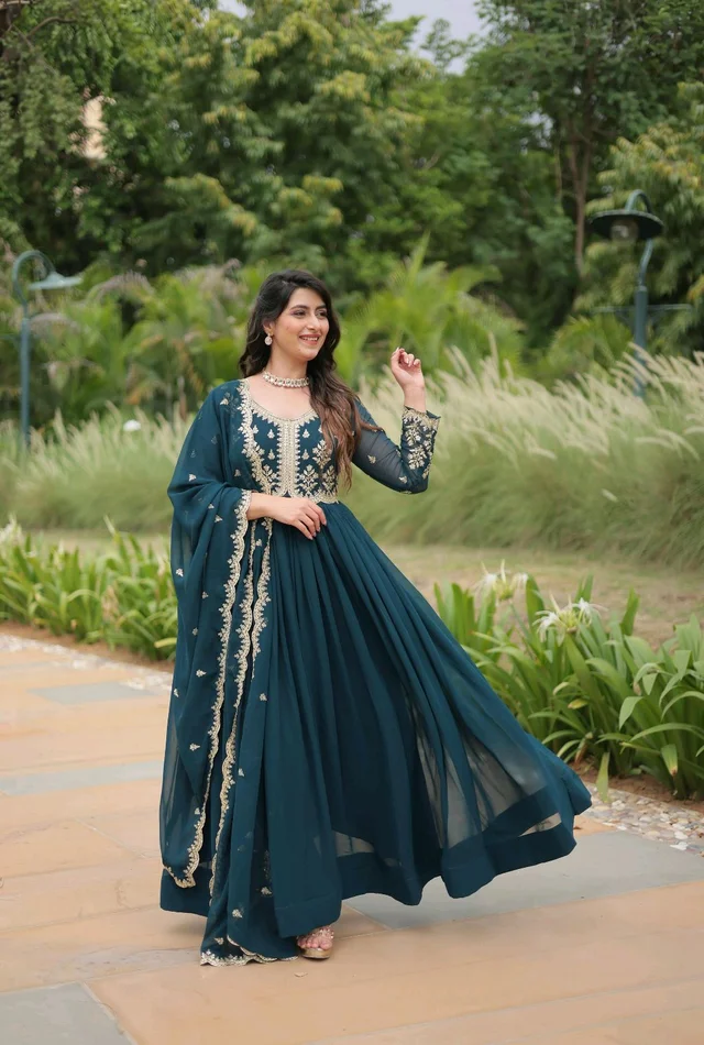Beautiful Aqua Blue Color Zari Embroidered Work Gown
- Big Stone, M