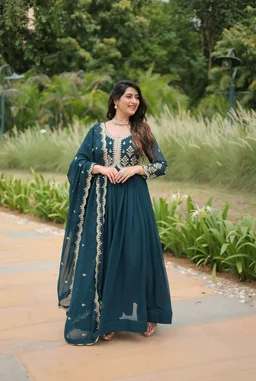 Beautiful Aqua Blue Color Zari Embroidered Work Gown
- Big Stone, M