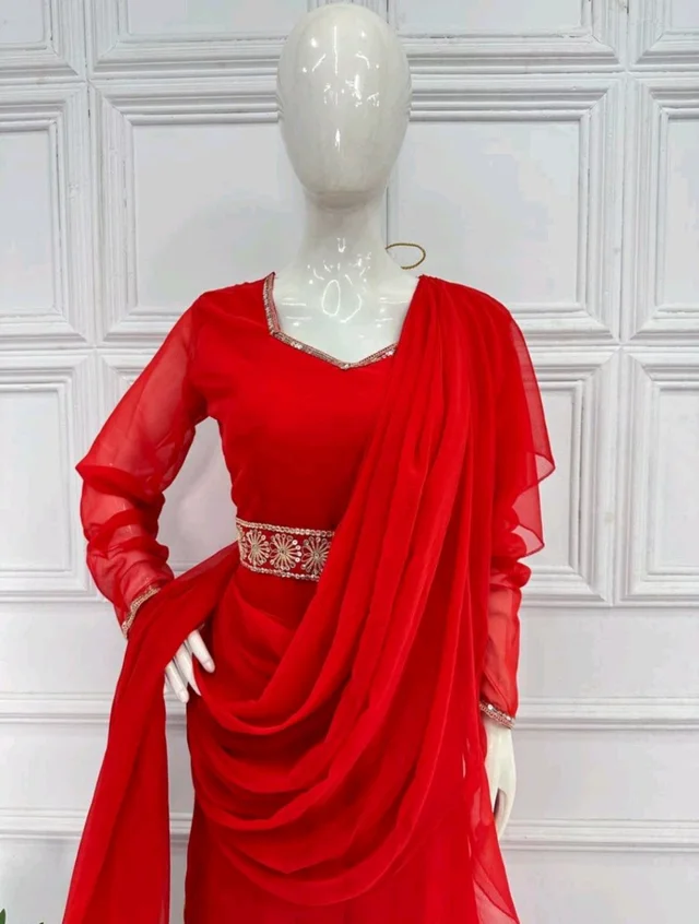 Resplendent Red Color Faux Georgette Sequence New Stilly Gown - Red, M