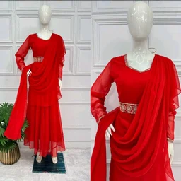 Resplendent Red Color Faux Georgette Sequence New Stilly Gown - Red, M