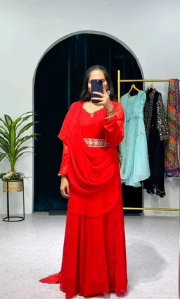 Resplendent Red Color Faux Georgette Sequence New Stilly Gown - Red, M