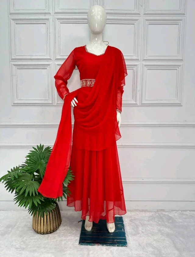 Resplendent Red Color Faux Georgette Sequence New Stilly Gown - Red, XL