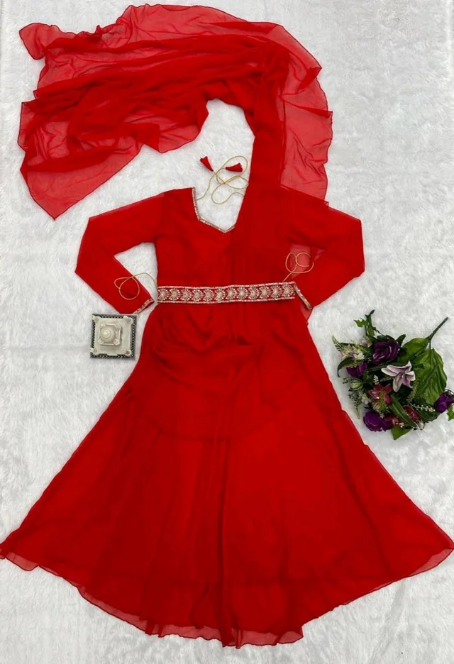 Resplendent Red Color Faux Georgette Sequence New Stilly Gown - Red, XL