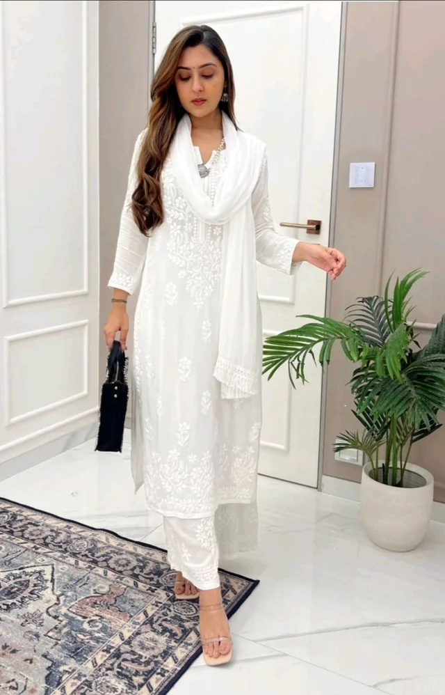 Women Modal Kurti Palazzo Attached Dupatta Set - L, White