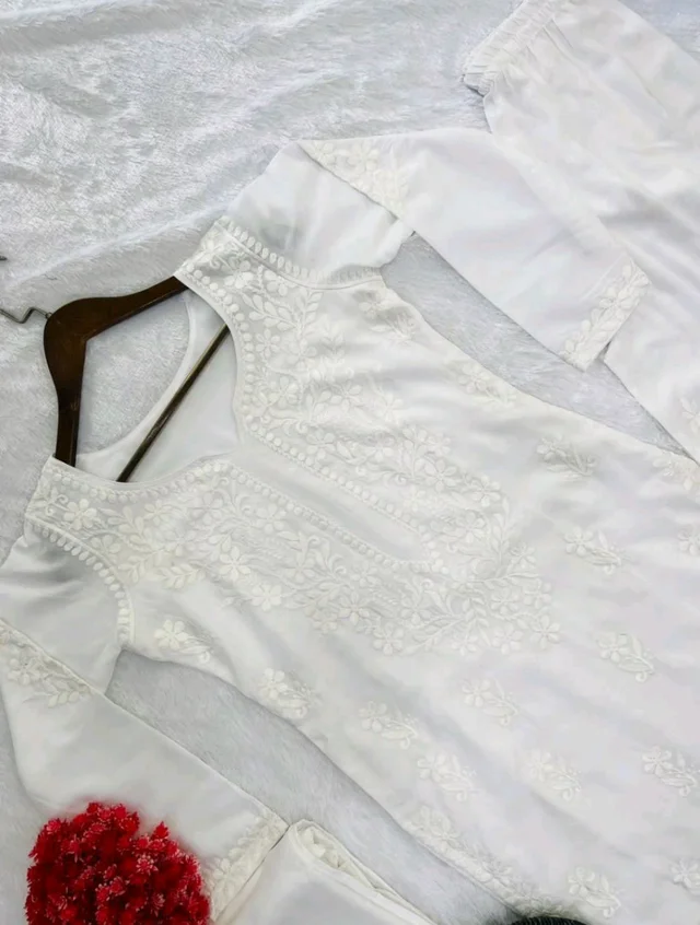 Women Modal Kurti Palazzo Attached Dupatta Set - L, White