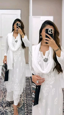 Women Modal Kurti Palazzo Attached Dupatta Set - White, M